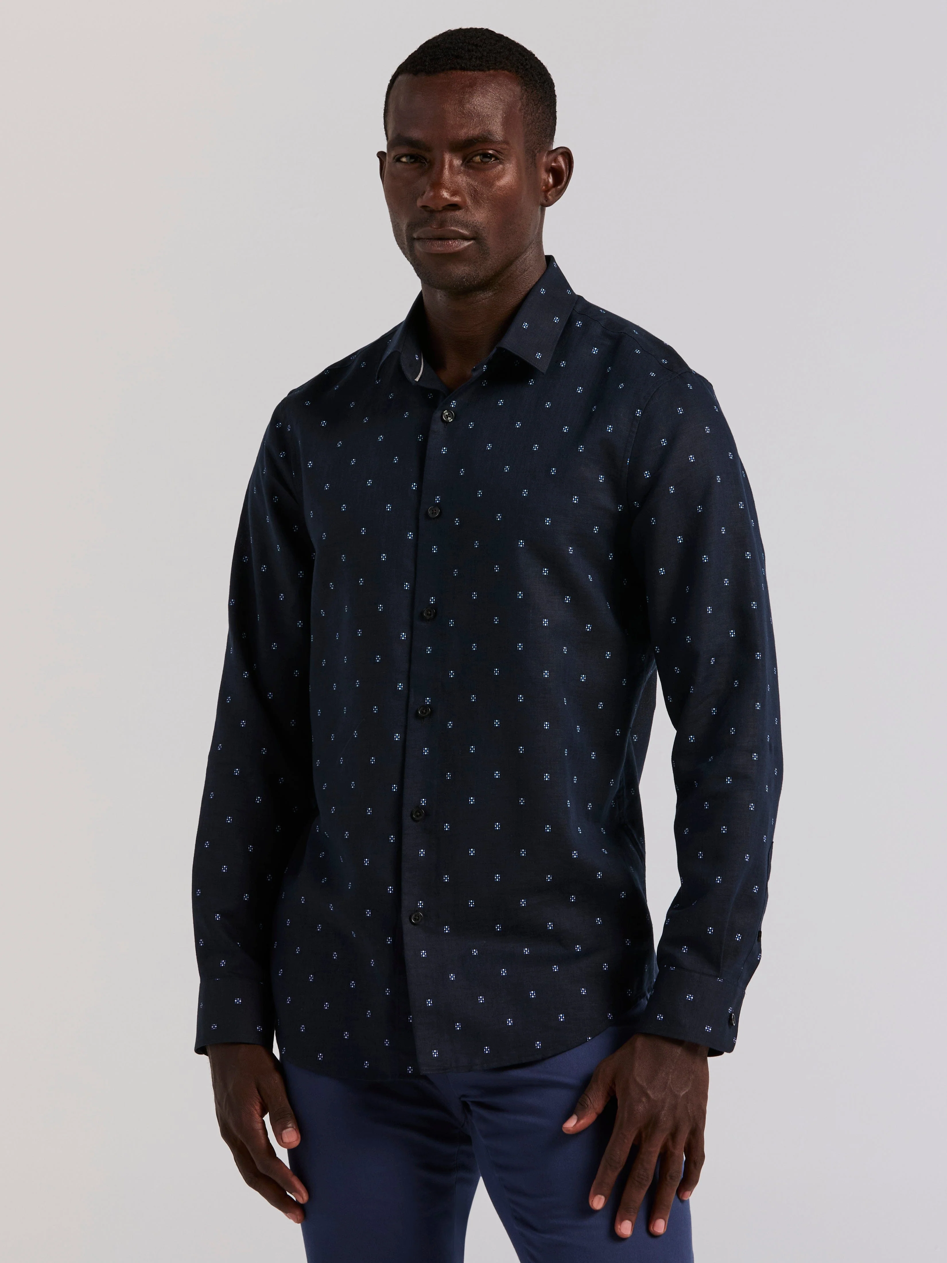 Untucked Linen Blend Geo Dot Print Shirt